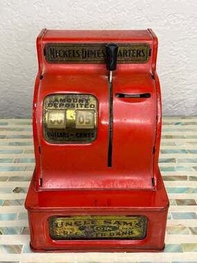 Uncle Sam's 3-Coin Register Bank Red Metal Toy